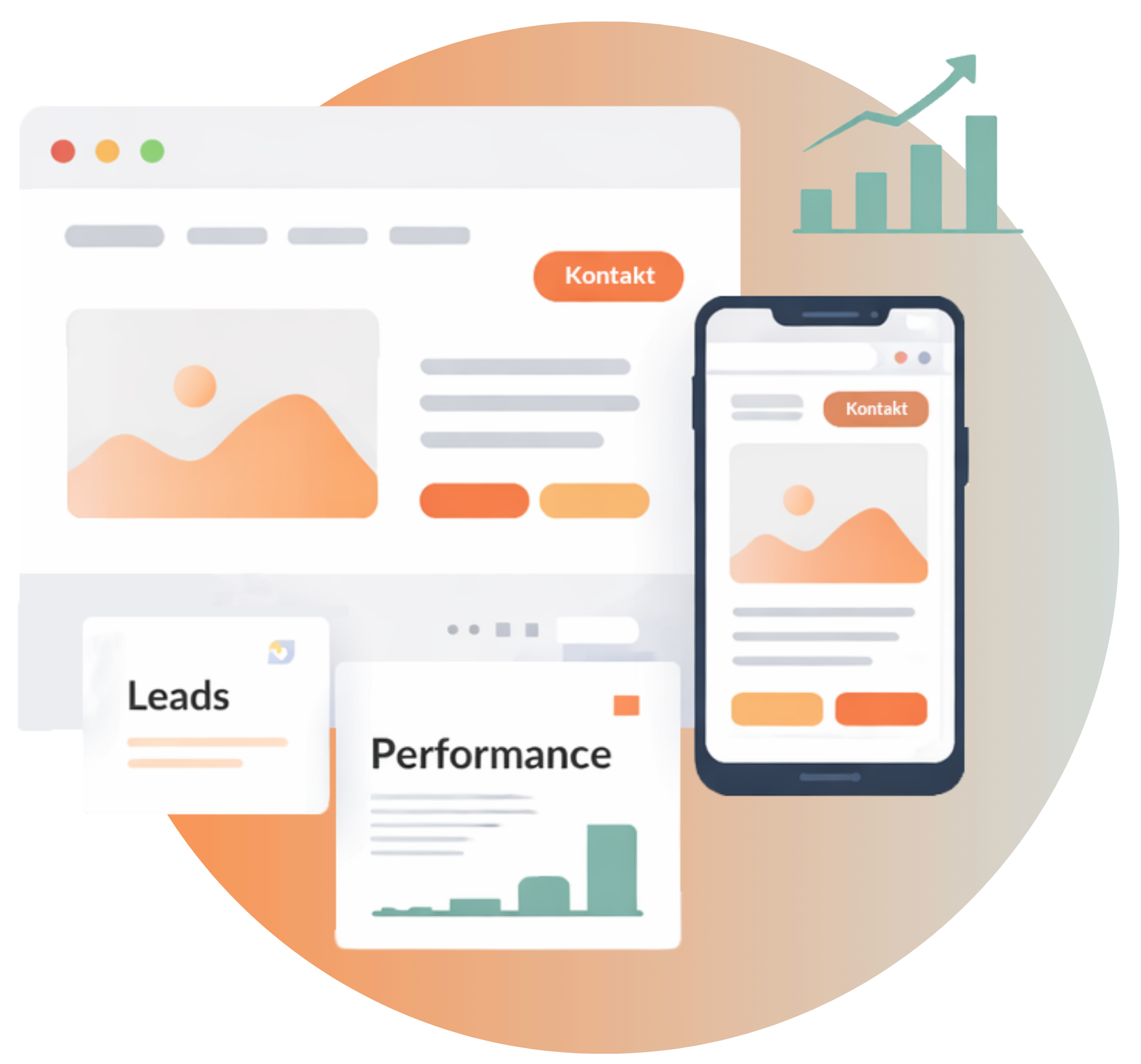 Bild KMU-Website auf Desktop und Smartphone mit Leads, Kontakt und Performance-Kennzahlen